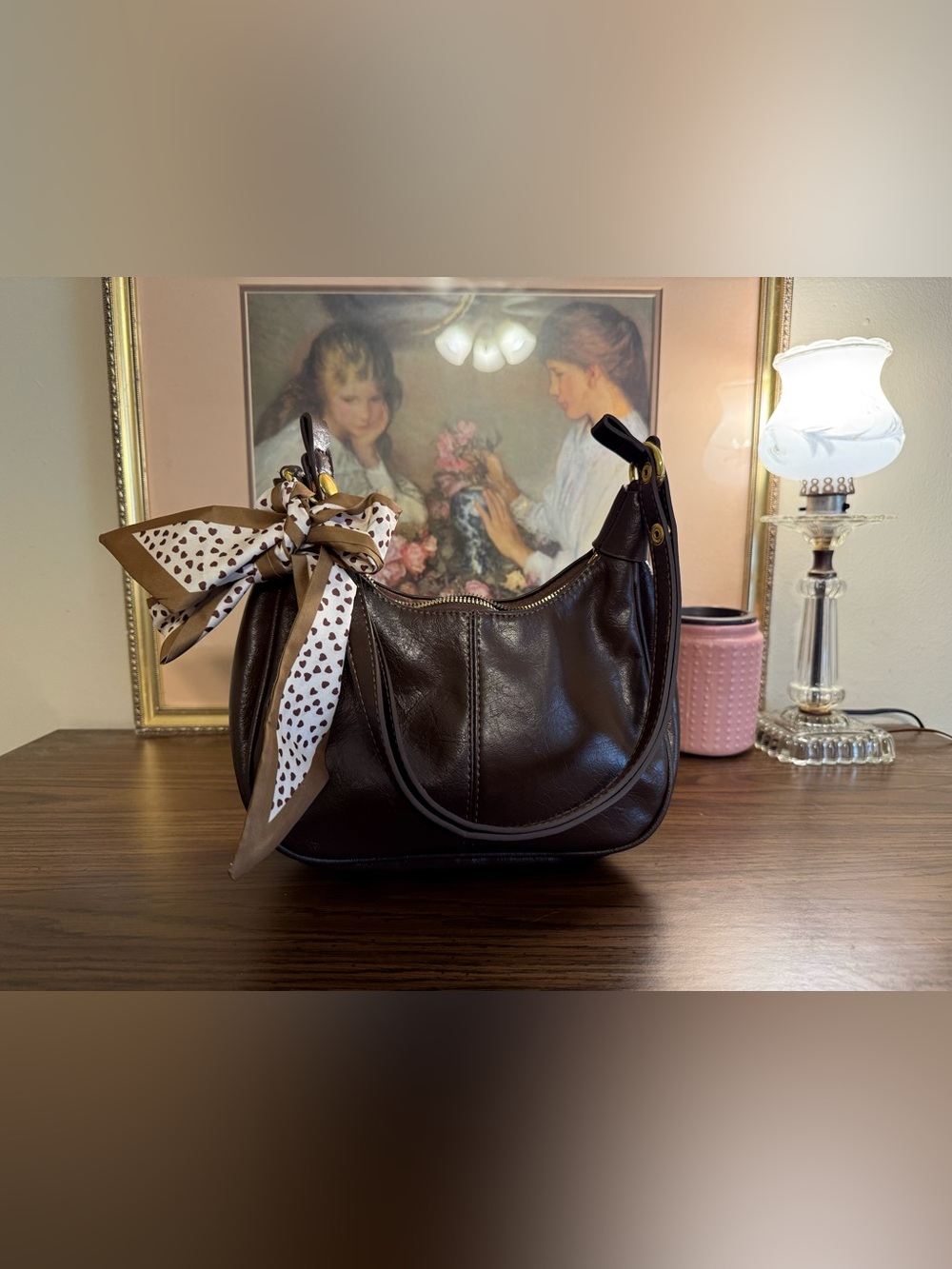 Classic Dark Brown Leather Shoulder Bag with Scarf Accent